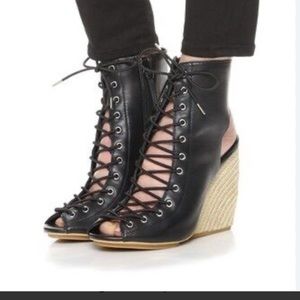 $125 like new Rebecca Minkoff Elle wedge sandal peep boots black 7.5 bootie